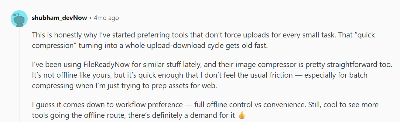 Reddit comment discussing the value of offline file tools