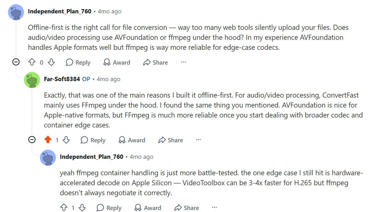 Reddit discussion about ConvertFast offline processing and FFmpeg
